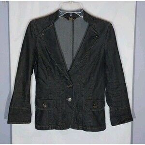 Vintage Y2K Black Stretch Denim Blazer Jacket Womens M Tailored Fitted